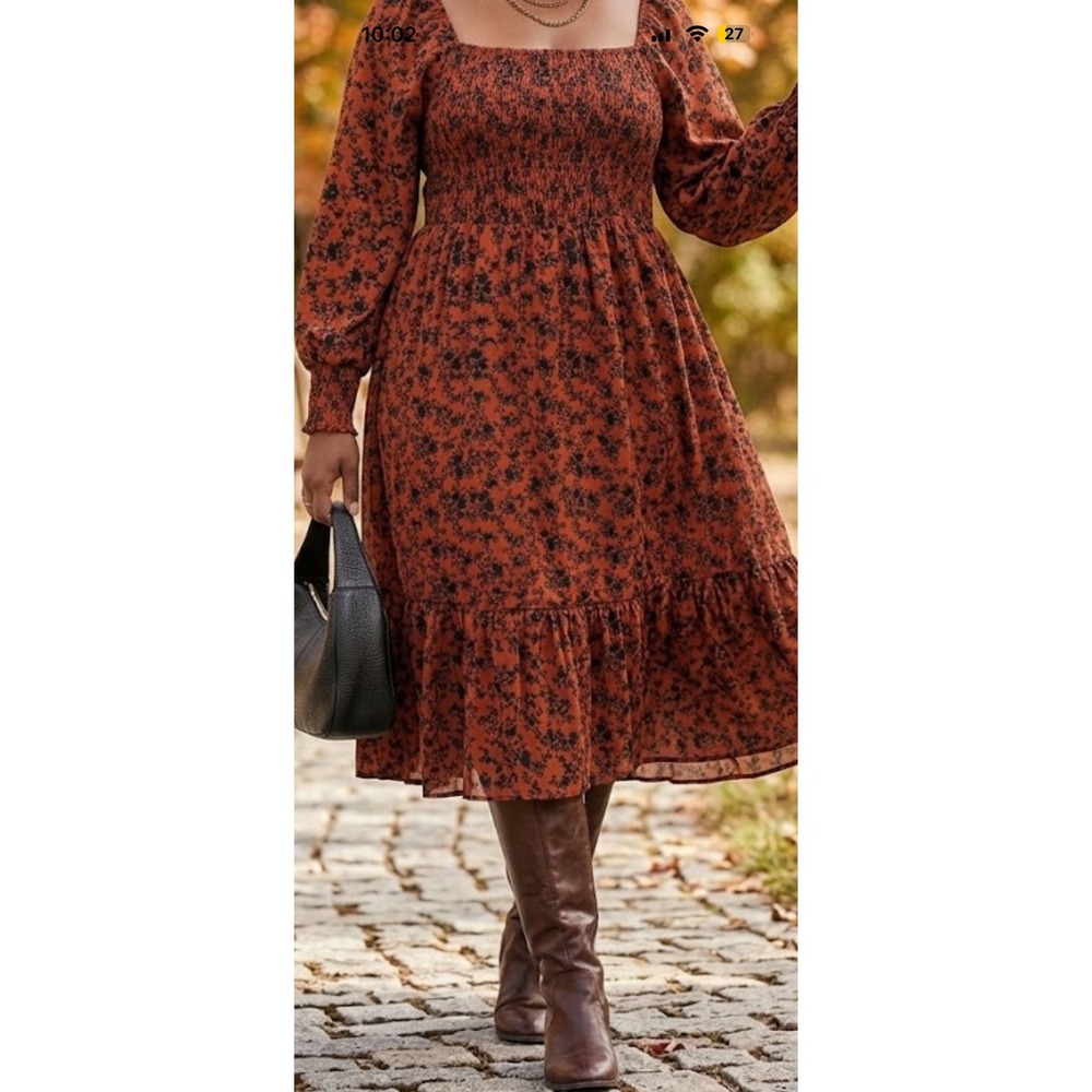 Orange and Flack Floral Tiered Smocked Maxi Dress